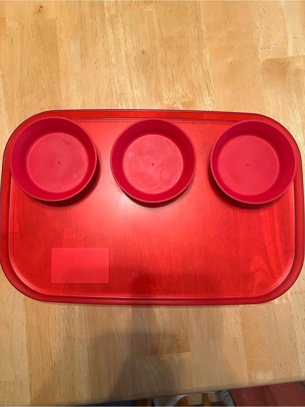 Dipware Red Plastic Serving Tray with Three Spots for Dips